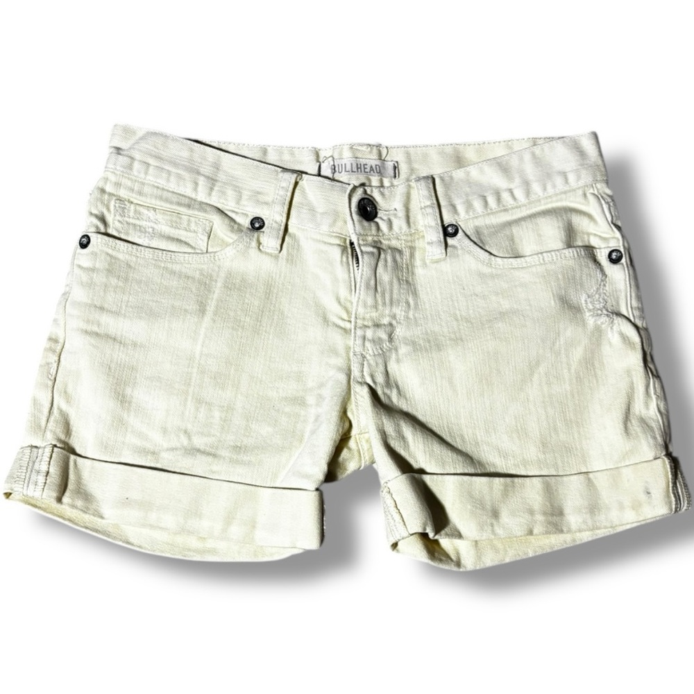 Bullhead Women's Pastel Yellow Denim Cotton Cuffed Micro Mini Shorts - Picture 2 of 12